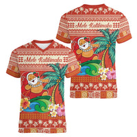 Hawaii Mele Kalikimaka Women V-Neck T-Shirt Surfing Santa Funny Christmas