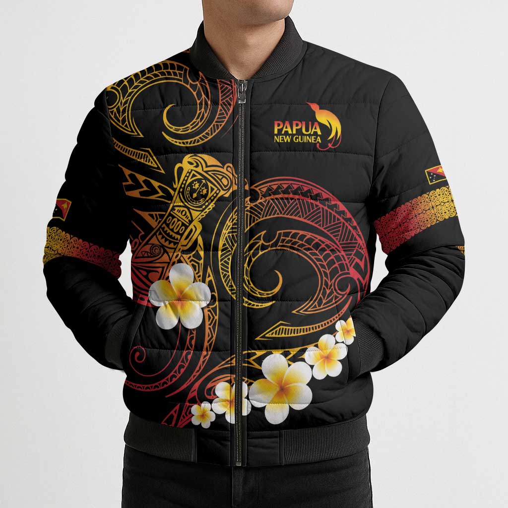 Personalised Papua New Guinea Sepik Bomber Puffer Jacket Plumeria Floral Tribal Pattern LT9 - Polynesian Pride