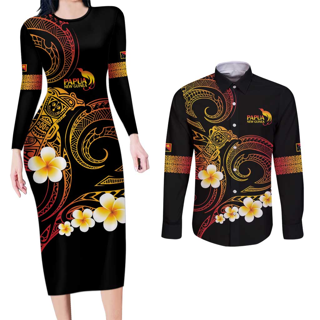 Personalised Papua New Guinea Sepik Couples Matching Long Sleeve Bodycon Dress and Long Sleeve Button Shirt Plumeria Floral Tribal Pattern LT9 Black - Polynesian Pride