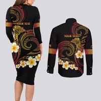 Personalised Papua New Guinea Sepik Couples Matching Long Sleeve Bodycon Dress and Long Sleeve Button Shirt Plumeria Floral Tribal Pattern LT9 - Polynesian Pride