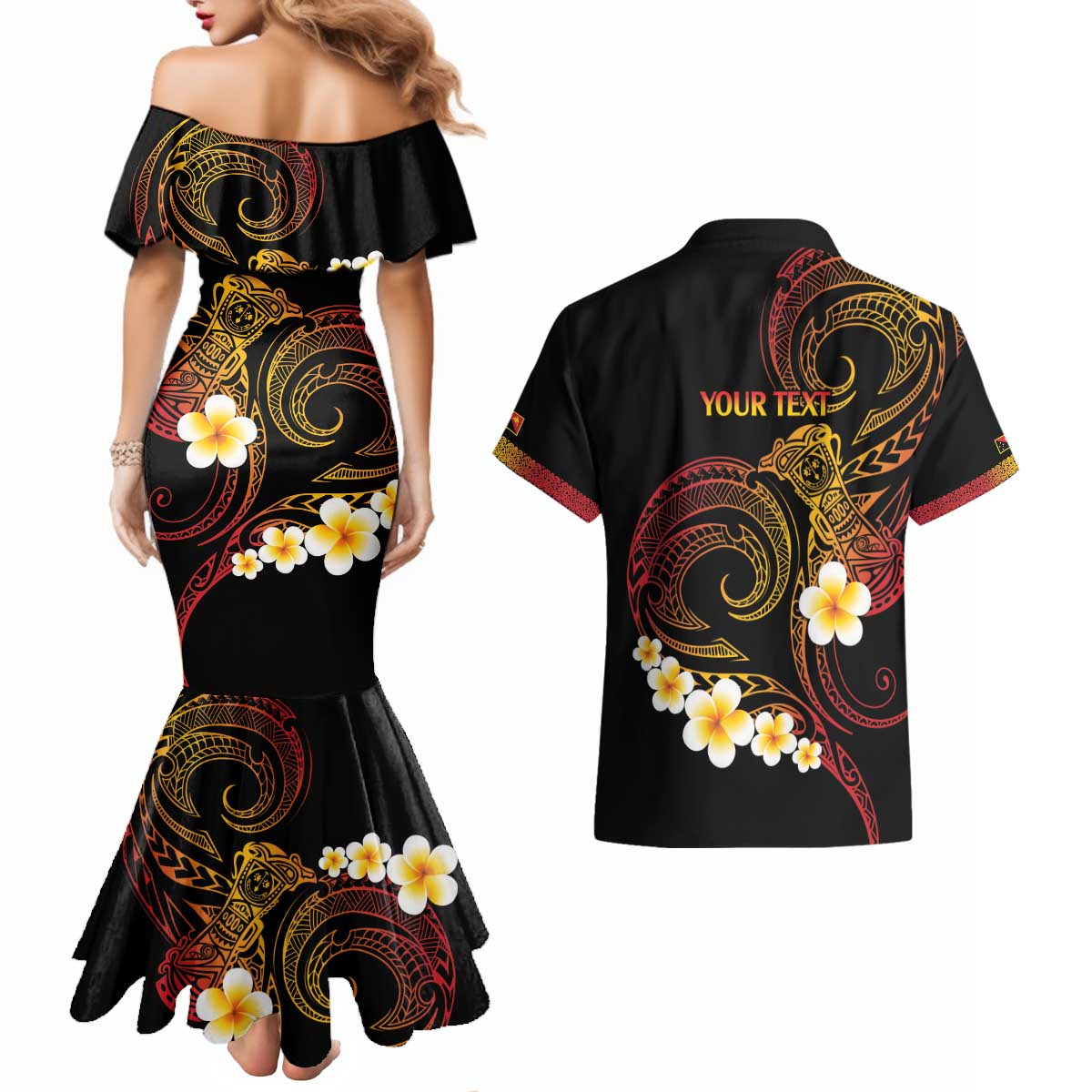 Personalised Papua New Guinea Sepik Couples Matching Mermaid Dress and Hawaiian Shirt Plumeria Floral Tribal Pattern LT9 - Polynesian Pride
