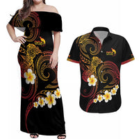 Personalised Papua New Guinea Sepik Couples Matching Off Shoulder Maxi Dress and Hawaiian Shirt Plumeria Floral Tribal Pattern LT9 Black - Polynesian Pride