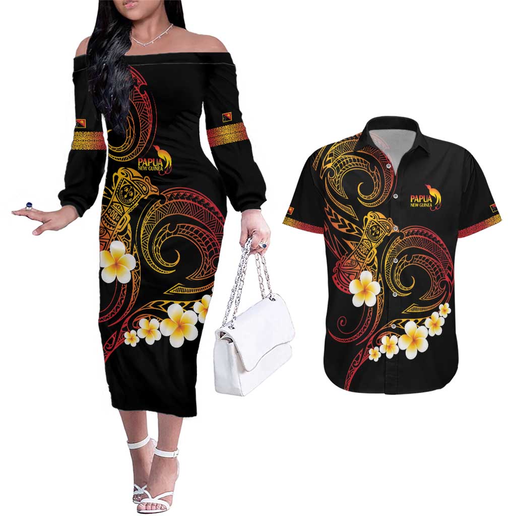 Personalised Papua New Guinea Sepik Couples Matching Off The Shoulder Long Sleeve Dress and Hawaiian Shirt Plumeria Floral Tribal Pattern LT9 Black - Polynesian Pride
