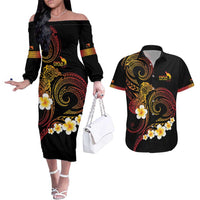 Personalised Papua New Guinea Sepik Couples Matching Off The Shoulder Long Sleeve Dress and Hawaiian Shirt Plumeria Floral Tribal Pattern LT9 Black - Polynesian Pride