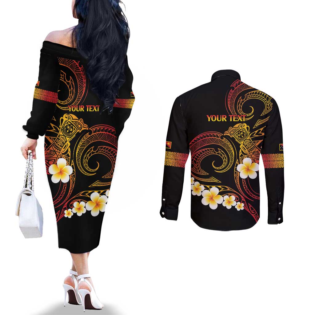 Personalised Papua New Guinea Sepik Couples Matching Off The Shoulder Long Sleeve Dress and Long Sleeve Button Shirt Plumeria Floral Tribal Pattern LT9 - Polynesian Pride