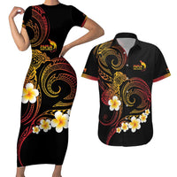 Personalised Papua New Guinea Sepik Couples Matching Short Sleeve Bodycon Dress and Hawaiian Shirt Plumeria Floral Tribal Pattern LT9 Black - Polynesian Pride