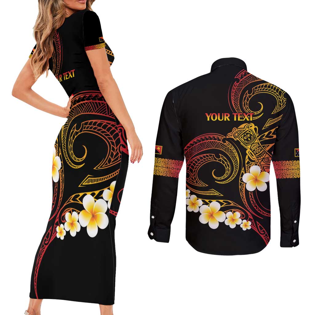 Personalised Papua New Guinea Sepik Couples Matching Short Sleeve Bodycon Dress and Long Sleeve Button Shirt Plumeria Floral Tribal Pattern LT9 - Polynesian Pride