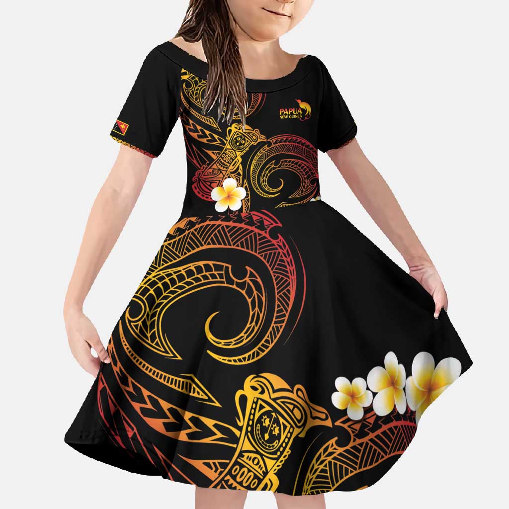 Personalised Papua New Guinea Sepik Family Matching Long Sleeve Bodycon Dress and Hawaiian Shirt Plumeria Floral Tribal Pattern LT9 Daughter's Dress Black - Polynesian Pride