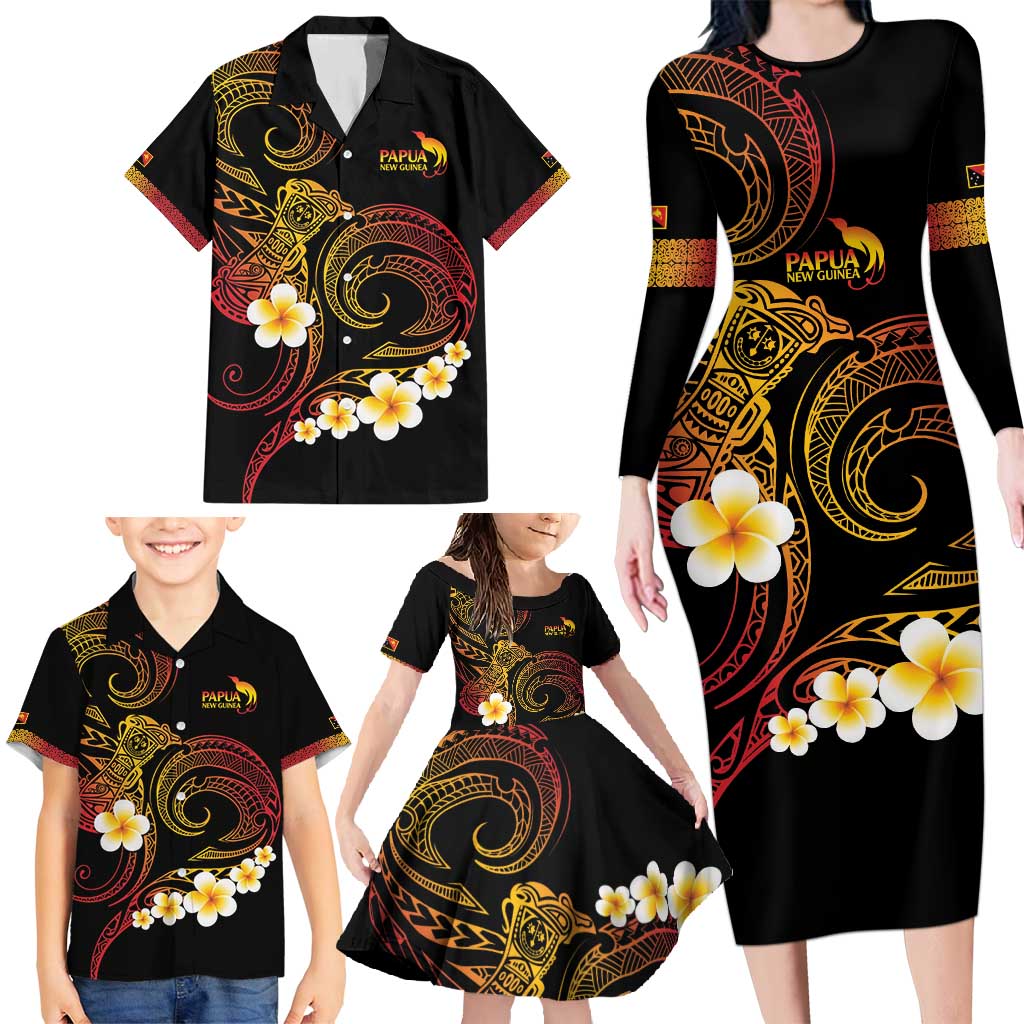 Personalised Papua New Guinea Sepik Family Matching Long Sleeve Bodycon Dress and Hawaiian Shirt Plumeria Floral Tribal Pattern LT9 - Polynesian Pride