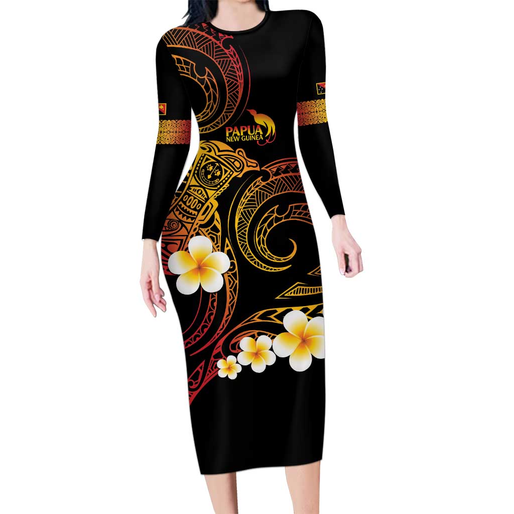 Personalised Papua New Guinea Sepik Family Matching Long Sleeve Bodycon Dress and Hawaiian Shirt Plumeria Floral Tribal Pattern LT9 Mom's Dress Black - Polynesian Pride