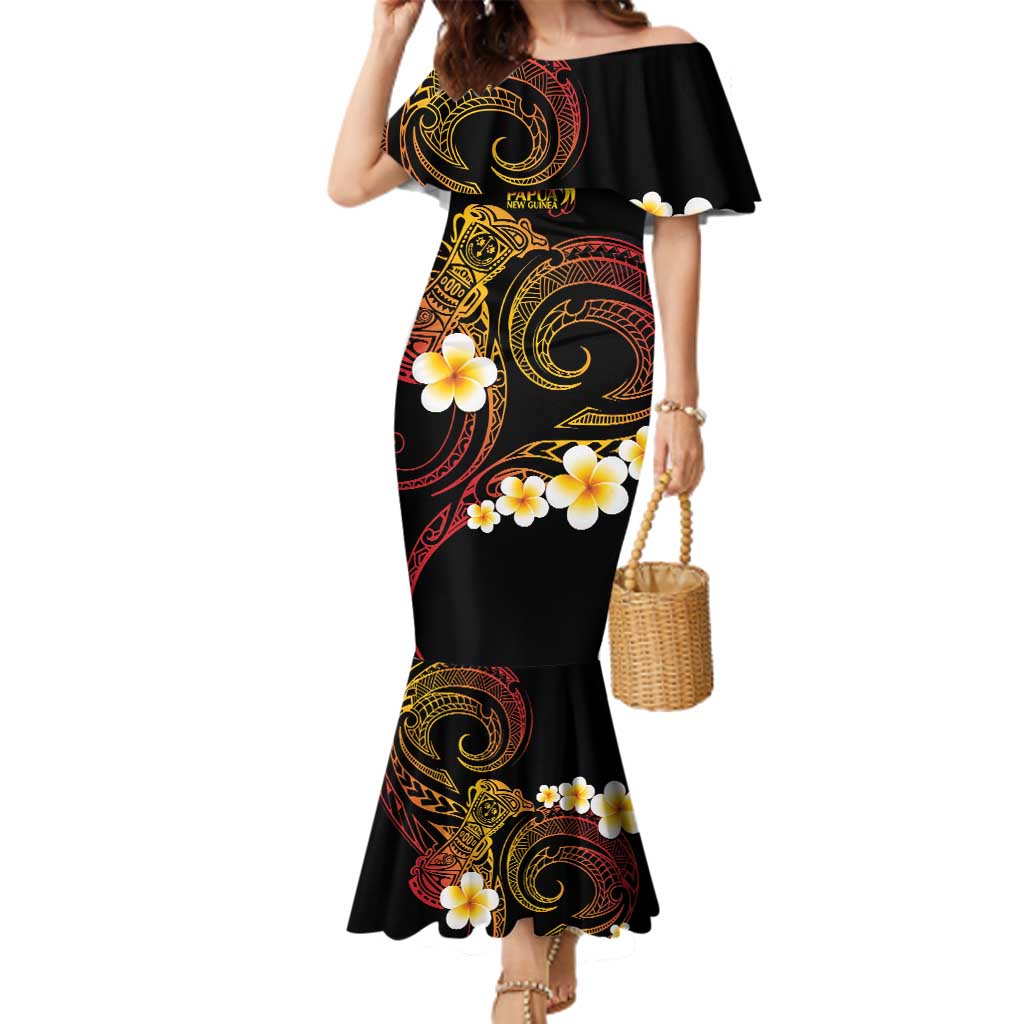 Personalised Papua New Guinea Sepik Family Matching Mermaid Dress and Hawaiian Shirt Plumeria Floral Tribal Pattern LT9 Mom's Dress Black - Polynesian Pride
