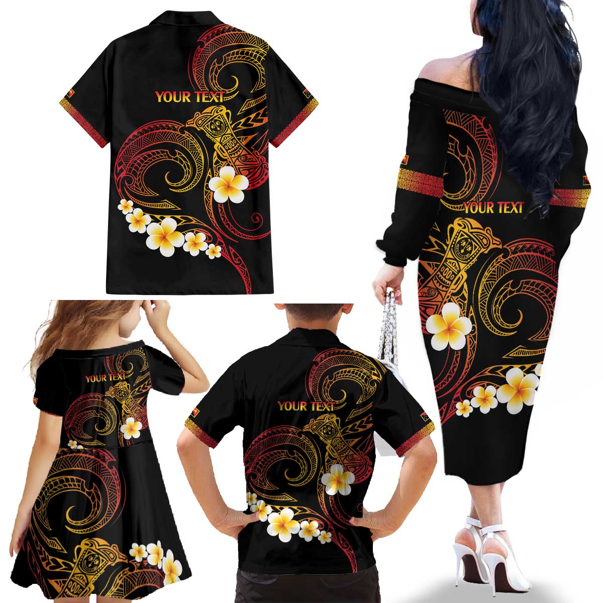 Personalised Papua New Guinea Sepik Family Matching Off The Shoulder Long Sleeve Dress and Hawaiian Shirt Plumeria Floral Tribal Pattern LT9 - Polynesian Pride