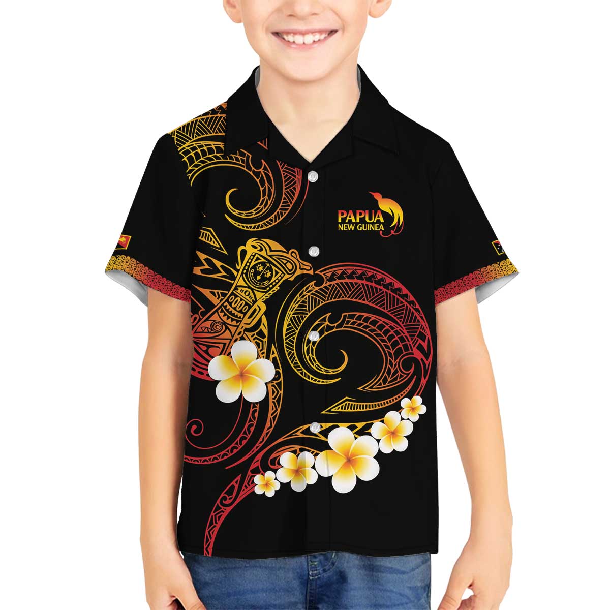 Personalised Papua New Guinea Sepik Family Matching Off The Shoulder Long Sleeve Dress and Hawaiian Shirt Plumeria Floral Tribal Pattern LT9 Son's Shirt Black - Polynesian Pride