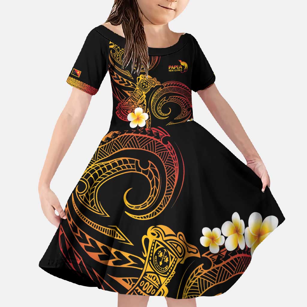 Personalised Papua New Guinea Sepik Family Matching Off Shoulder Maxi Dress and Hawaiian Shirt Plumeria Floral Tribal Pattern LT9 Daughter's Dress Black - Polynesian Pride