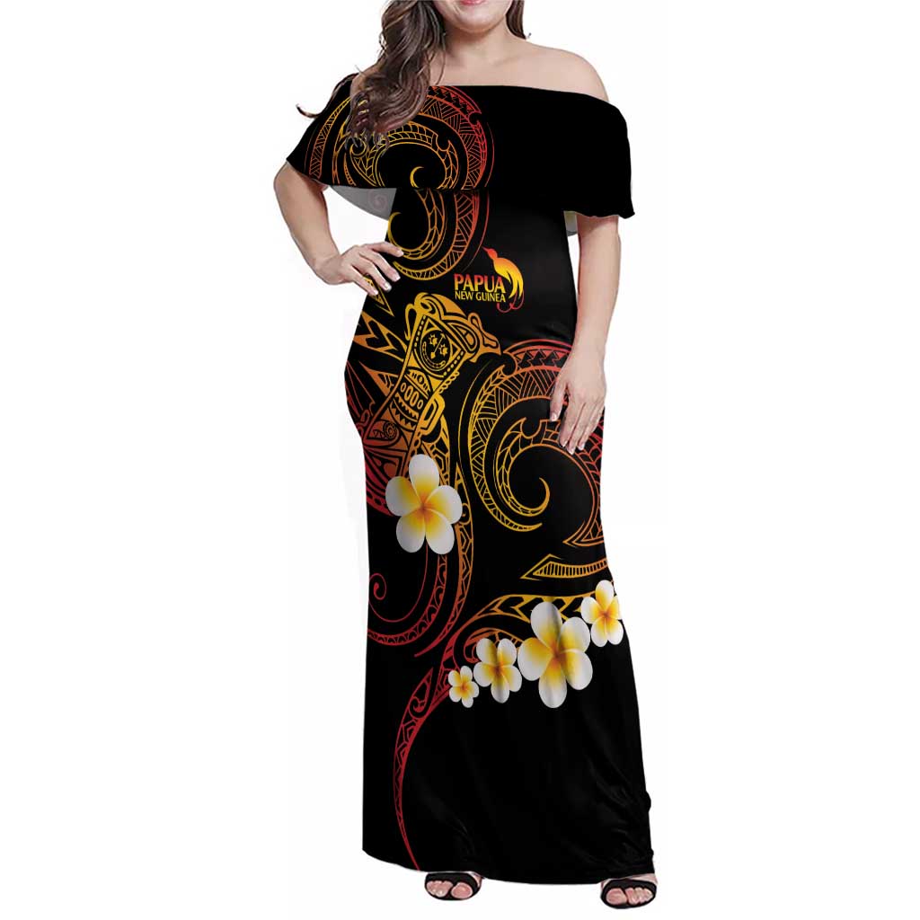 Personalised Papua New Guinea Sepik Family Matching Off Shoulder Maxi Dress and Hawaiian Shirt Plumeria Floral Tribal Pattern LT9 Mom's Dress Black - Polynesian Pride