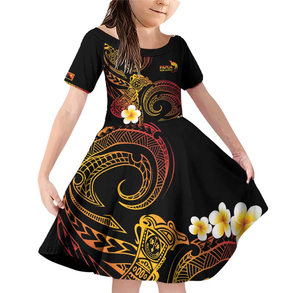 Personalised Papua New Guinea Sepik Family Matching Off Shoulder Short Dress and Hawaiian Shirt Plumeria Floral Tribal Pattern LT9 Daughter's Dress Black - Polynesian Pride