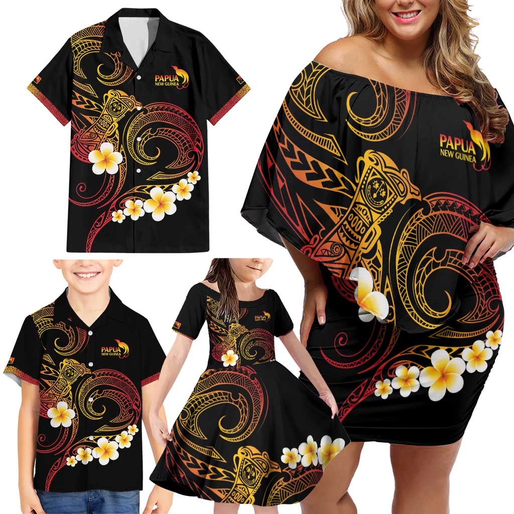 Personalised Papua New Guinea Sepik Family Matching Off Shoulder Short Dress and Hawaiian Shirt Plumeria Floral Tribal Pattern LT9 - Polynesian Pride