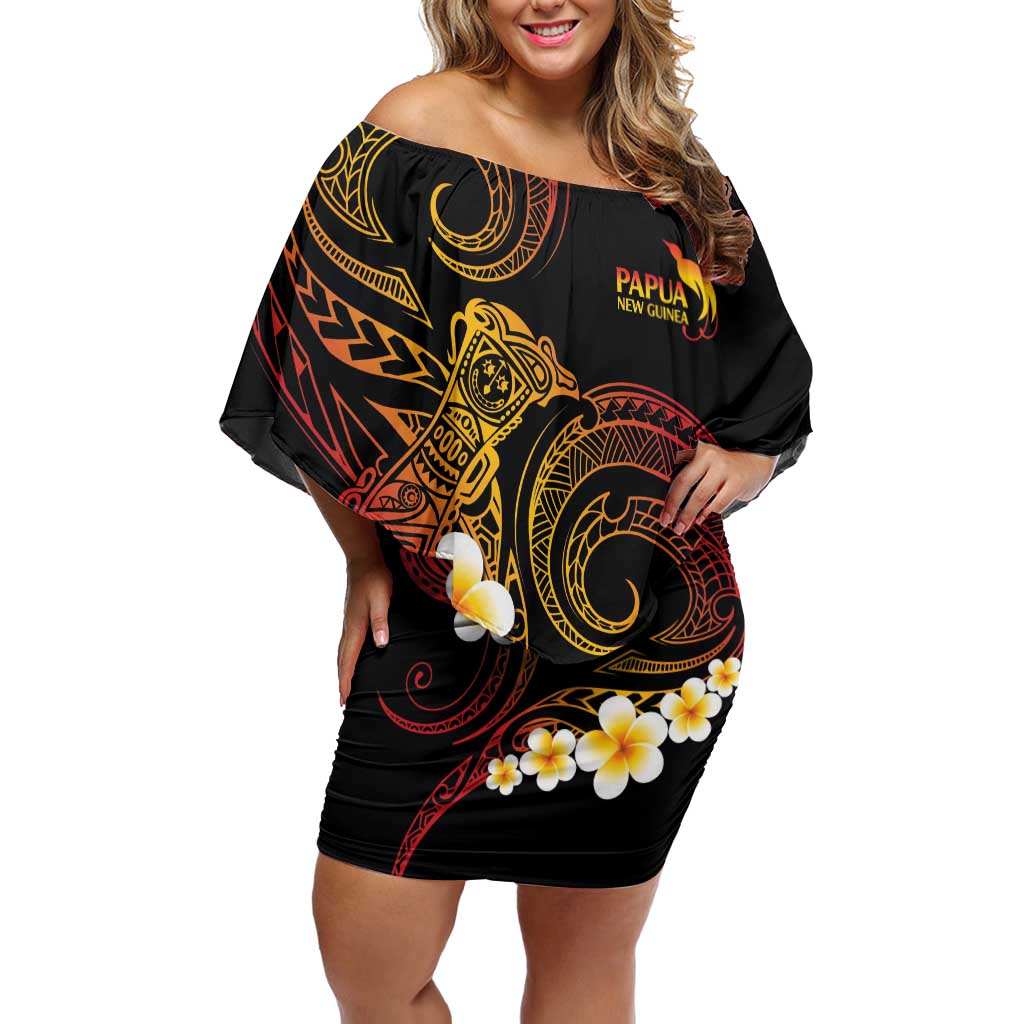 Personalised Papua New Guinea Sepik Family Matching Off Shoulder Short Dress and Hawaiian Shirt Plumeria Floral Tribal Pattern LT9 Mom's Dress Black - Polynesian Pride