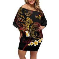 Personalised Papua New Guinea Sepik Family Matching Off Shoulder Short Dress and Hawaiian Shirt Plumeria Floral Tribal Pattern LT9 Mom's Dress Black - Polynesian Pride