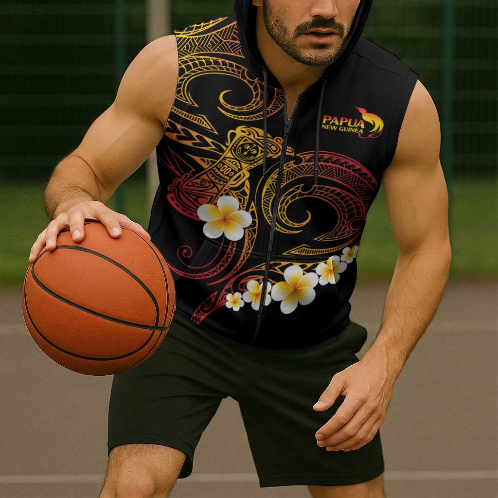 Personalised Papua New Guinea Sepik Sleeveless Zip Hoodie Plumeria Floral Tribal Pattern - Polynesian Pride