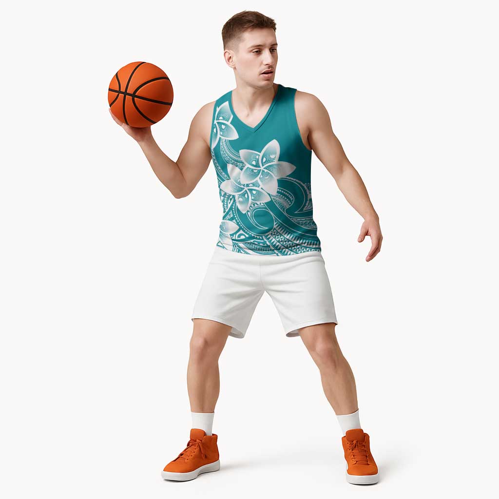 Polynesian Plumeria Flowers Tribal Basketball Jersey Pacific Tattoo Teal Style - Polynesian Pride