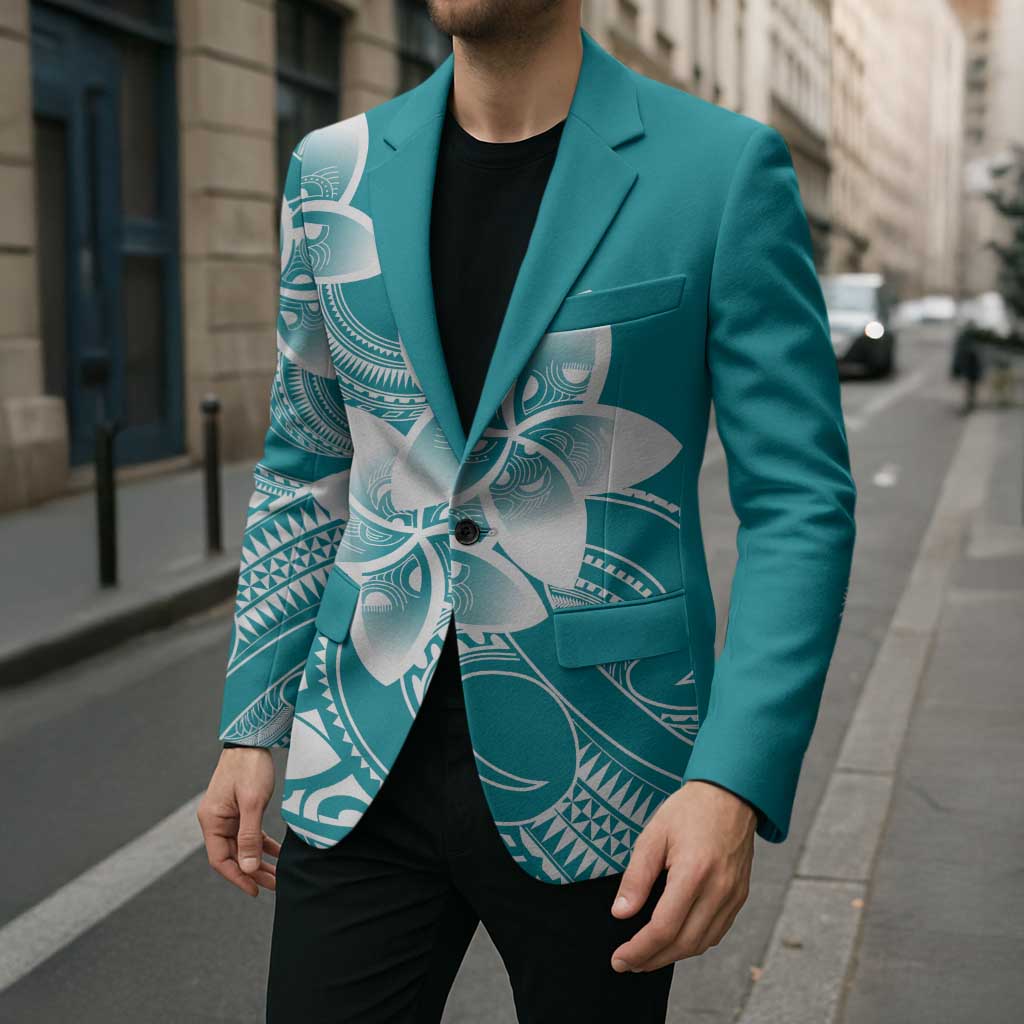 Polynesian Plumeria Flowers Tribal Blazer Pacific Tattoo Teal Style - Polynesian Pride