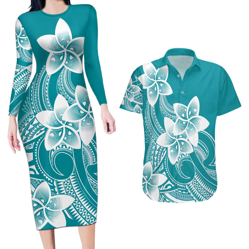 Polynesian Plumeria Flowers Tribal Couples Matching Long Sleeve Bodycon Dress and Hawaiian Shirt Pacific Tattoo Teal Style LT9 Teal - Polynesian Pride