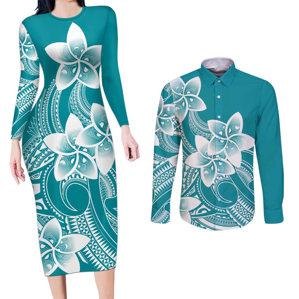 Polynesian Plumeria Flowers Tribal Couples Matching Long Sleeve Bodycon Dress and Long Sleeve Button Shirt Pacific Tattoo Teal Style LT9 Teal - Polynesian Pride