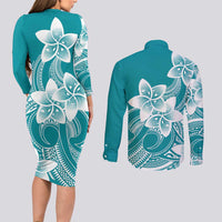 Polynesian Plumeria Flowers Tribal Couples Matching Long Sleeve Bodycon Dress and Long Sleeve Button Shirt Pacific Tattoo Teal Style LT9 - Polynesian Pride