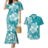 Polynesian Plumeria Flowers Tribal Couples Matching Mermaid Dress and Hawaiian Shirt Pacific Tattoo Teal Style LT9 Teal - Polynesian Pride