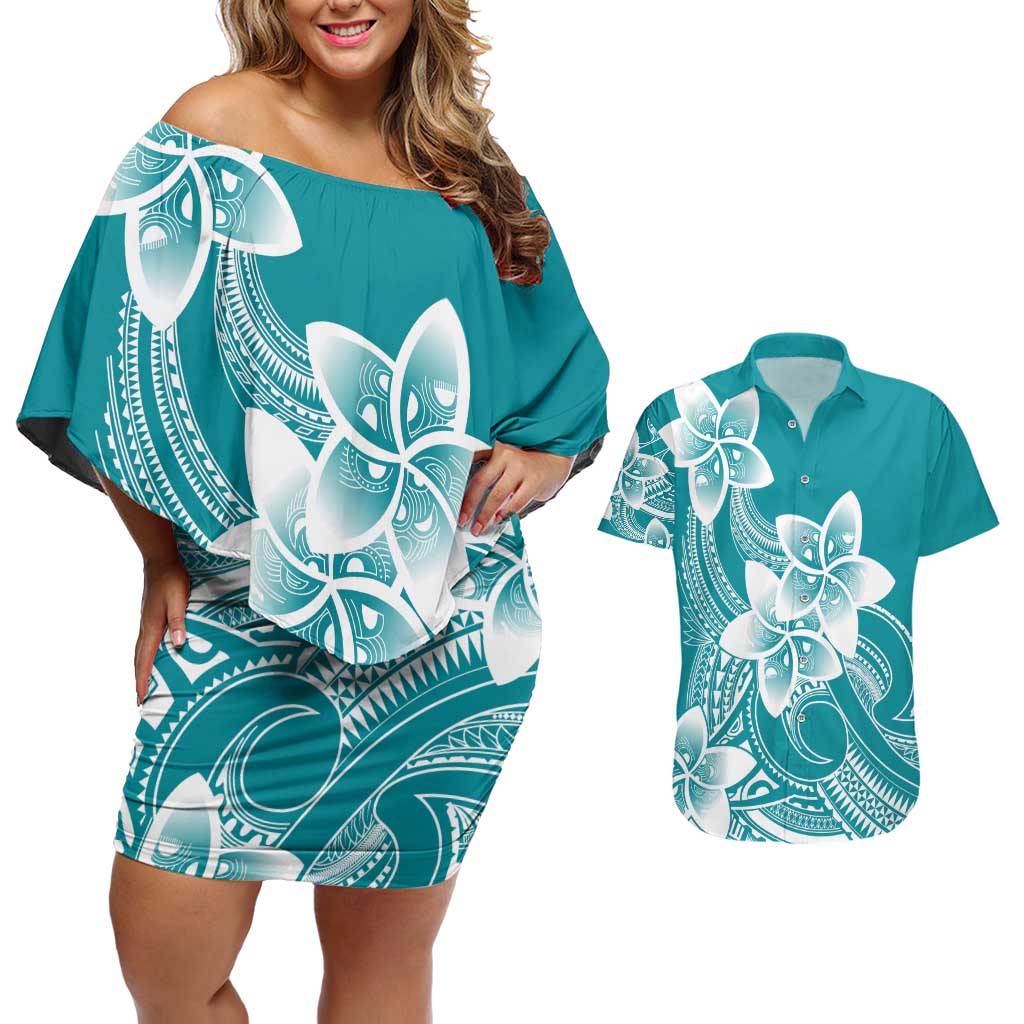 Polynesian Plumeria Flowers Tribal Couples Matching Off Shoulder Short Dress and Hawaiian Shirt Pacific Tattoo Teal Style LT9 Teal - Polynesian Pride