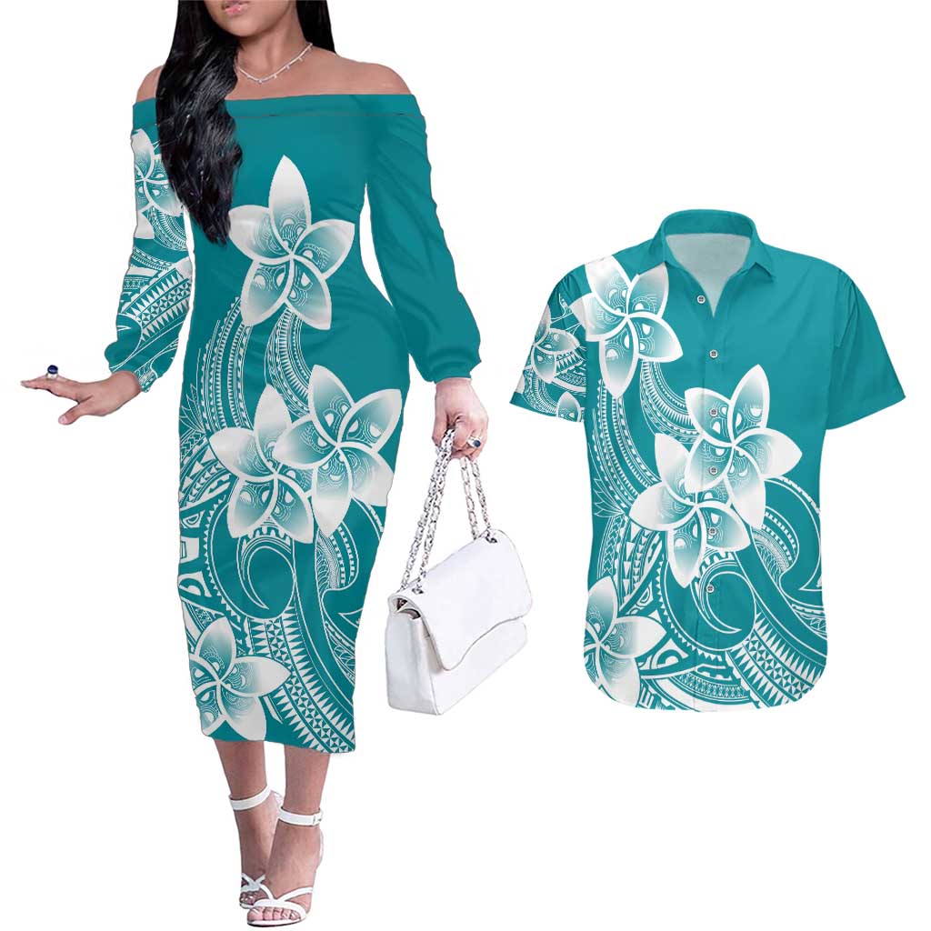 Polynesian Plumeria Flowers Tribal Couples Matching Off The Shoulder Long Sleeve Dress and Hawaiian Shirt Pacific Tattoo Teal Style LT9 Teal - Polynesian Pride