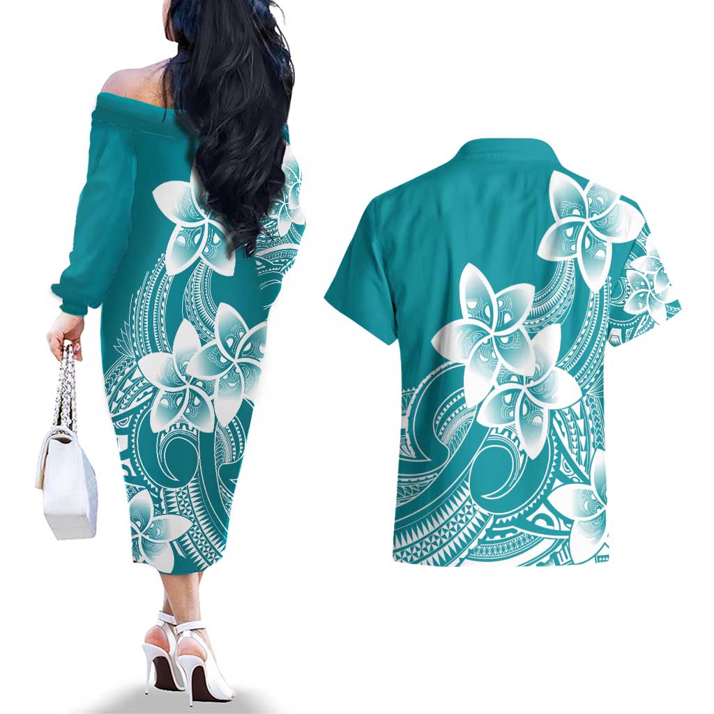 Polynesian Plumeria Flowers Tribal Couples Matching Off The Shoulder Long Sleeve Dress and Hawaiian Shirt Pacific Tattoo Teal Style LT9 - Polynesian Pride