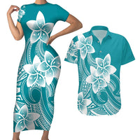 Polynesian Plumeria Flowers Tribal Couples Matching Short Sleeve Bodycon Dress and Hawaiian Shirt Pacific Tattoo Teal Style LT9 Teal - Polynesian Pride