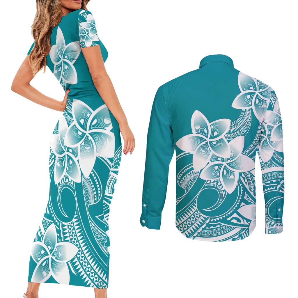Polynesian Plumeria Flowers Tribal Couples Matching Short Sleeve Bodycon Dress and Long Sleeve Button Shirt Pacific Tattoo Teal Style LT9 - Polynesian Pride