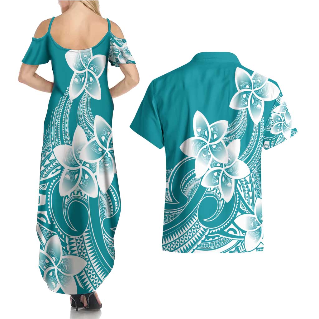 Polynesian Plumeria Flowers Tribal Couples Matching Summer Maxi Dress and Hawaiian Shirt Pacific Tattoo Teal Style LT9 - Polynesian Pride