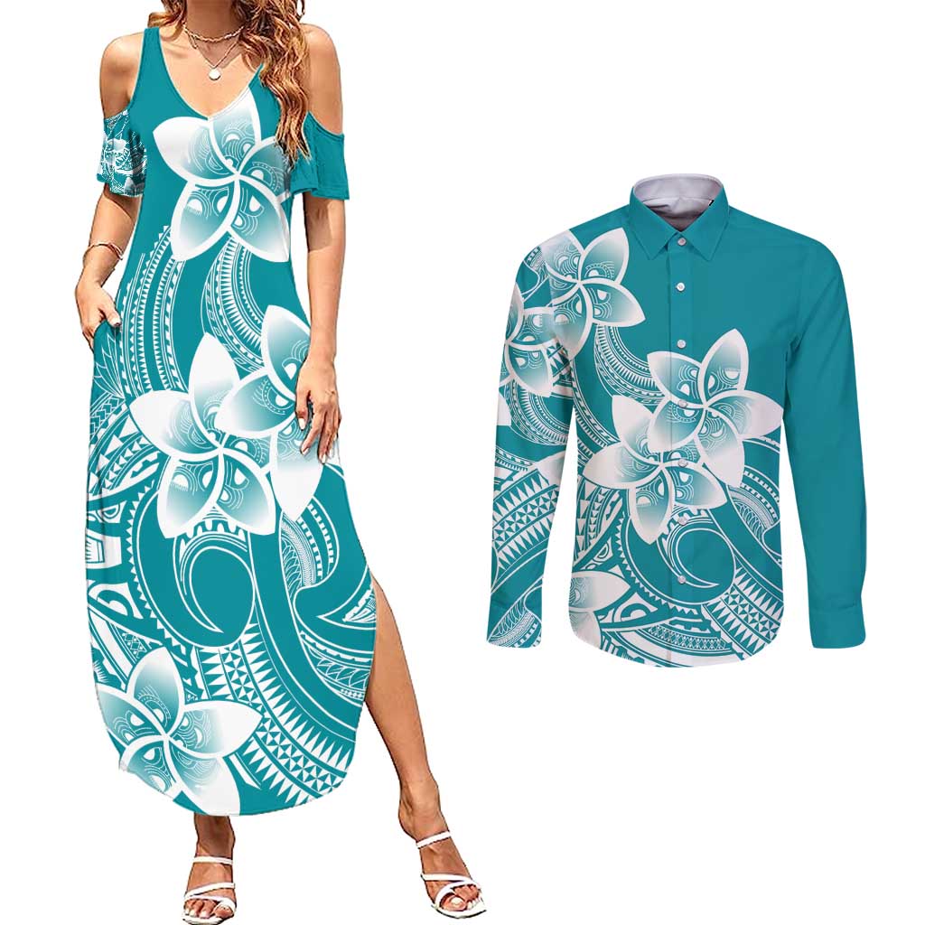 Polynesian Plumeria Flowers Tribal Couples Matching Summer Maxi Dress and Long Sleeve Button Shirt Pacific Tattoo Teal Style - Polynesian Pride