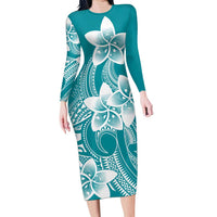 Polynesian Plumeria Flowers Tribal Family Matching Long Sleeve Bodycon Dress and Hawaiian Shirt Pacific Tattoo Teal Style LT9 Mom's Dress Teal - Polynesian Pride