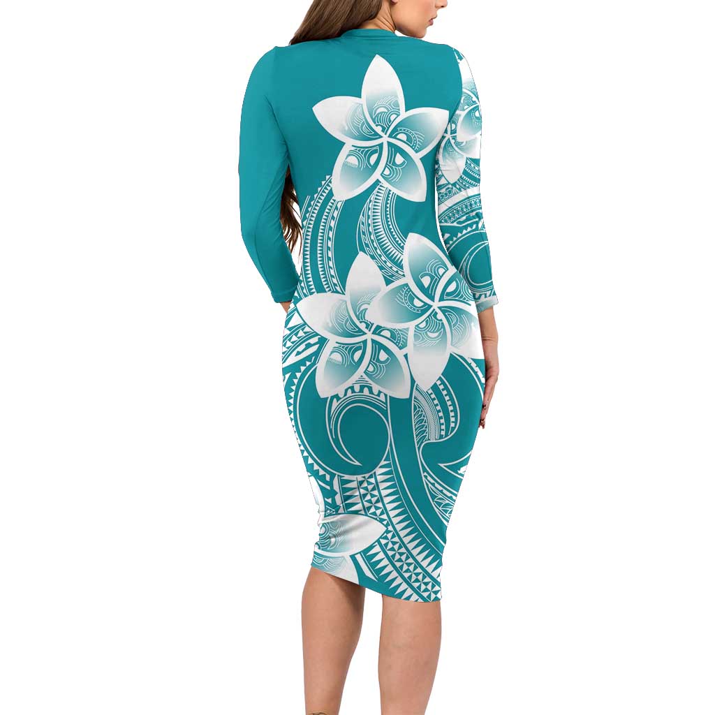 Polynesian Plumeria Flowers Tribal Family Matching Long Sleeve Bodycon Dress and Hawaiian Shirt Pacific Tattoo Teal Style LT9 - Polynesian Pride