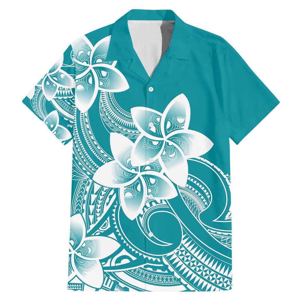 Polynesian Plumeria Flowers Tribal Family Matching Mermaid Dress and Hawaiian Shirt Pacific Tattoo Teal Style LT9 Dad's Shirt - Short Sleeve Teal - Polynesian Pride