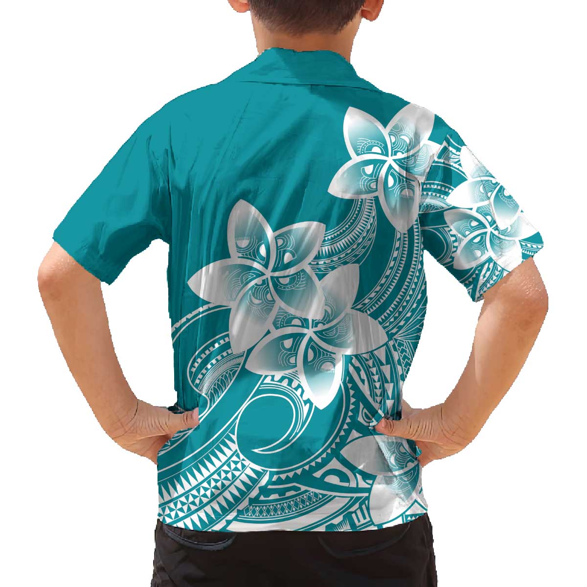 Polynesian Plumeria Flowers Tribal Family Matching Off The Shoulder Long Sleeve Dress and Hawaiian Shirt Pacific Tattoo Teal Style LT9 - Polynesian Pride
