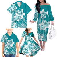 Polynesian Plumeria Flowers Tribal Family Matching Off The Shoulder Long Sleeve Dress and Hawaiian Shirt Pacific Tattoo Teal Style LT9 - Polynesian Pride