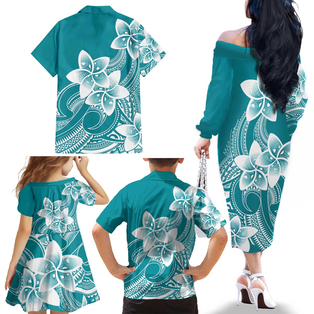 Polynesian Plumeria Flowers Tribal Family Matching Off The Shoulder Long Sleeve Dress and Hawaiian Shirt Pacific Tattoo Teal Style LT9 - Polynesian Pride