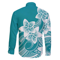Polynesian Plumeria Flowers Tribal Family Matching Off The Shoulder Long Sleeve Dress and Hawaiian Shirt Pacific Tattoo Teal Style LT9 - Polynesian Pride