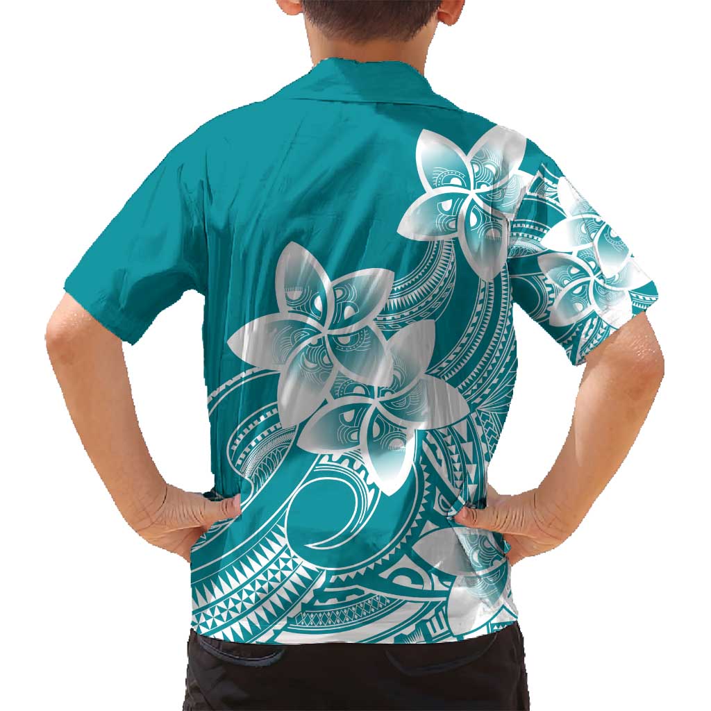 Polynesian Plumeria Flowers Tribal Family Matching Off Shoulder Maxi Dress and Hawaiian Shirt Pacific Tattoo Teal Style LT9 - Polynesian Pride