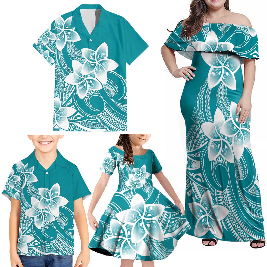 Polynesian Plumeria Flowers Tribal Family Matching Off Shoulder Maxi Dress and Hawaiian Shirt Pacific Tattoo Teal Style LT9 - Polynesian Pride