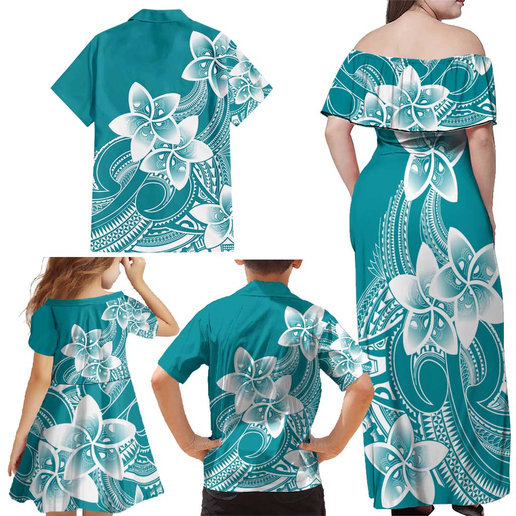 Polynesian Plumeria Flowers Tribal Family Matching Off Shoulder Maxi Dress and Hawaiian Shirt Pacific Tattoo Teal Style LT9 - Polynesian Pride