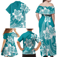 Polynesian Plumeria Flowers Tribal Family Matching Off Shoulder Maxi Dress and Hawaiian Shirt Pacific Tattoo Teal Style LT9 - Polynesian Pride