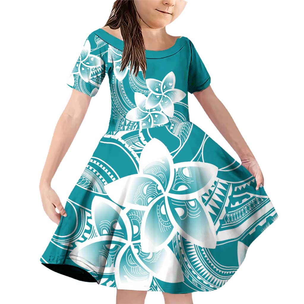 Polynesian Plumeria Flowers Tribal Family Matching Off Shoulder Short Dress and Hawaiian Shirt Pacific Tattoo Teal Style LT9 Daughter's Dress Teal - Polynesian Pride