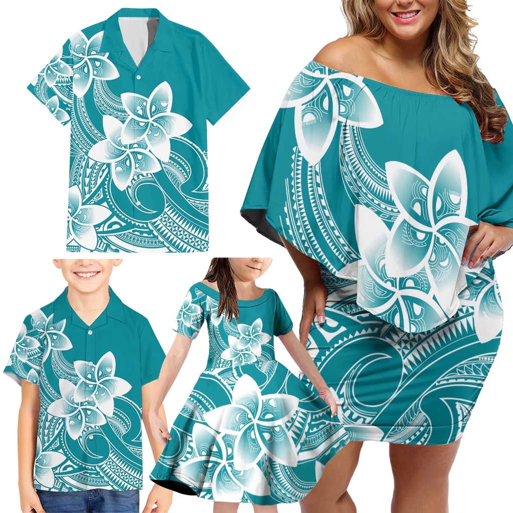 Polynesian Plumeria Flowers Tribal Family Matching Off Shoulder Short Dress and Hawaiian Shirt Pacific Tattoo Teal Style LT9 - Polynesian Pride